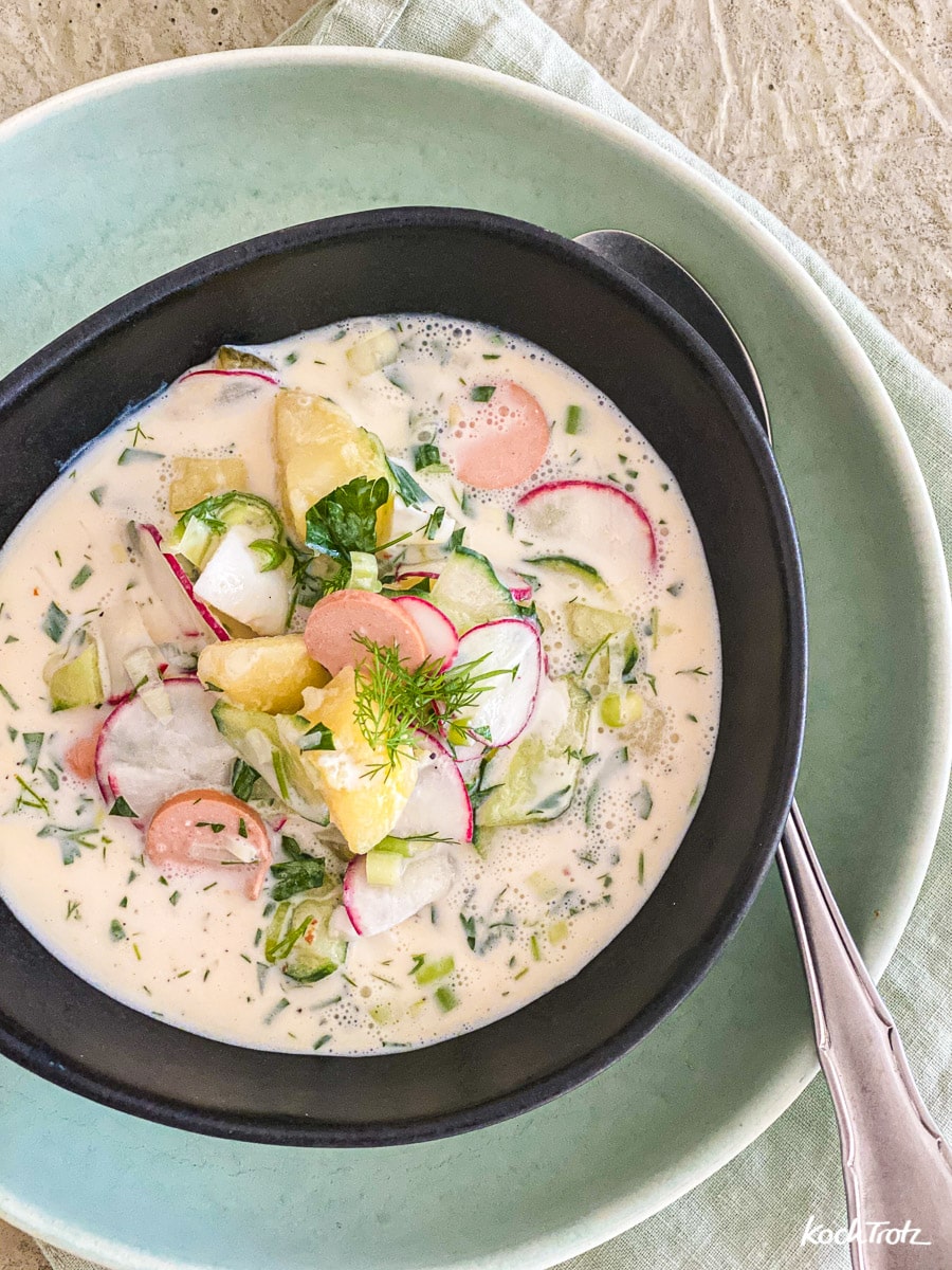 Okroschka | kalte Suppe | wahlweise vegetarisch + laktosefrei 1 Rezept Okroschka kalte Suppe wahlweise vegetarisch