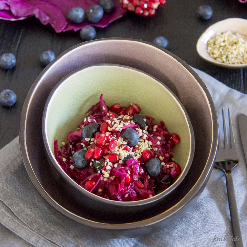 Spitzkohlsalat mit Rote Bete 1 Salat mit rotem Spritzkohl, Rote Bete, Heidelbeeren und Granatapfel | Köstlich und sehr gut verträglich